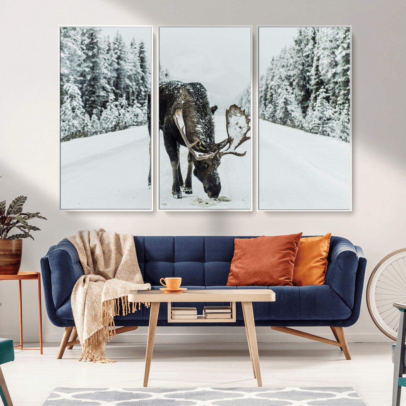 13316292-MGV-CV-36X24-Moose in Snow Wall Art Canvas Print, Framed Winter Wildlife Art Picture Print, Snowy Forest Scene Perfect Rustic Lodge Decor