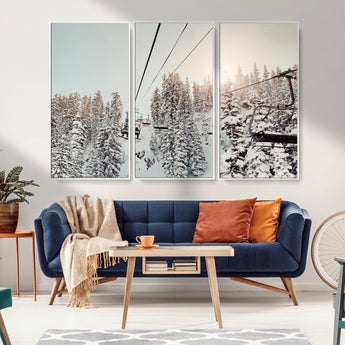 91534512-MGV-CV-36X24-Frosty Pines Wall Art Canvas Print, Framed Cozy Cabin View Art Picture Print, Ski Lift Ride Perfect Rustic Lodge Decor Artwork
