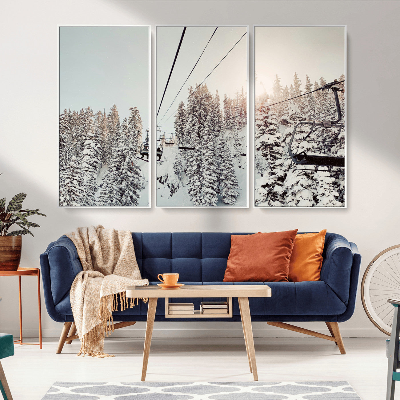 91534512-MGV-CV-36X24-Frosty Pines Wall Art Canvas Print, Framed Cozy Cabin View Art Picture Print, Ski Lift Ride Perfect Rustic Lodge Decor Artwork