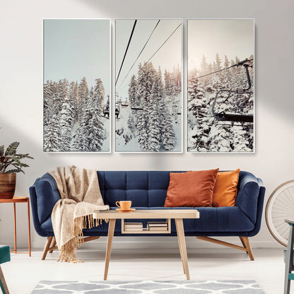 91534512-MGV-CV-36X24-Frosty Pines Wall Art Canvas Print, Framed Cozy Cabin View Art Picture Print, Ski Lift Ride Perfect Rustic Lodge Decor Artwork