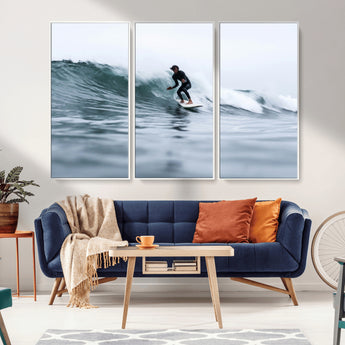 11693607-MGV-CV-36X24-Surfer on Wave Wall Art Canvas Print, Framed Ocean Adventure Art Picture Print, Motion Blur Water Perfect Coastal Adventure Decor