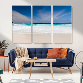 55017356-MGV-CV-36X24-Ocean Beach Wall Art – Turquoise Wave and White Sand Shoreline Canvas Print, Coastal Seascape Photography Decor for Living Room,