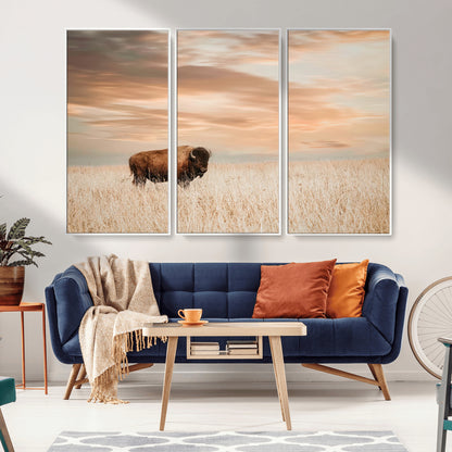 20306324-MGV-CV-36X24-Bison Wall Art – Lone American Buffalo Prairie Sunset Canvas Print, Rustic Western Wildlife Photography Decor for Living Room,