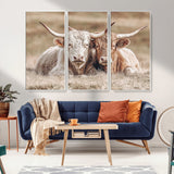 38651722-MGV-FC-48X32-3P_White-Cow Wall Art – Rustic Longhorn Pair Canvas Print, Western Farmhouse Animal Painting, Country Ranch Decor for Living Room, Bedroom,