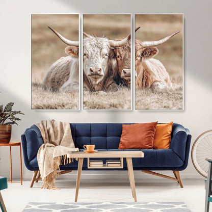 38651722-MGV-FC-48X32-3P_White-Cow Wall Art – Rustic Longhorn Pair Canvas Print, Western Farmhouse Animal Painting, Country Ranch Decor for Living Room, Bedroom,