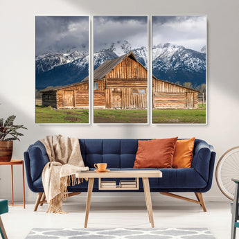 15173627-MGV-CV-36X24-Barn Wall Art – Rustic Wooden Cabin Canvas Print with Snowy Mountain Landscape, Western Farmhouse Country Decor for Living Room,