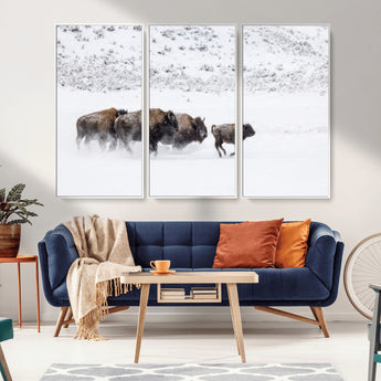 61161423-MGV-CV-36X24-Running Bison Herd Wall Art – Winter Buffalo Canvas Print, Wildlife Photography Decor for Rustic Living Room, Farmhouse, Lodge,