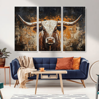 25265572-MGV-CV-36X24-Longhorn Bull Wall Art – Rustic Western Texas Steer Canvas Print, Textured Animal Painting for Home, Office, Man Cave or Farmhouse