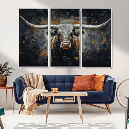 93195031-MGV-CV-36X24-Dark Longhorn Bull Wall Art – Western Steer Canvas Print, Moody Rustic Animal Painting for Man Cave, Ranch House, Office or Modern