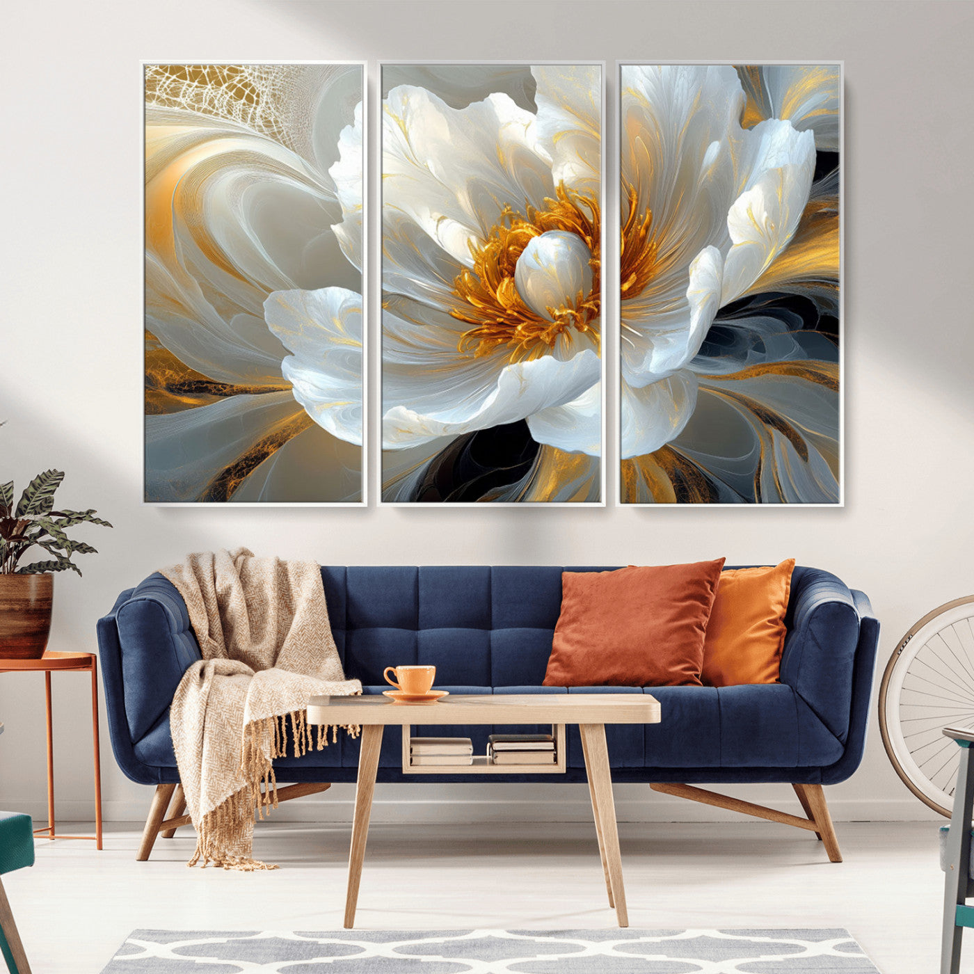 39604126-MGV-CV-36X24-Abstract Flower Wall Art – Elegant White and Gold Bloom Canvas Print, Modern Floral Artwork for Bedroom, Living Room, or Office