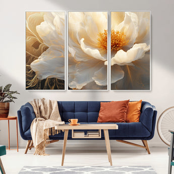 29539087-MGV-CV-36X24-Floral Wall Art – Elegant White and Gold Bloom Canvas Print, Romantic Modern Flower Artwork for Bedroom, Living Room, or Office