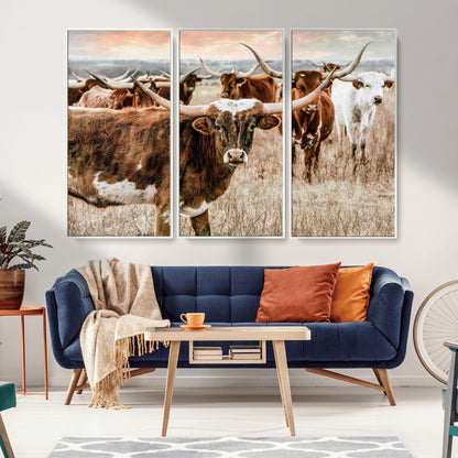 47758300-MGV-CV-36X24-Texas Longhorn Cattle Wall Art – Rustic Western Herd Canvas Print, Cowboy Ranch Farmhouse Decor for Living Room, Office, or