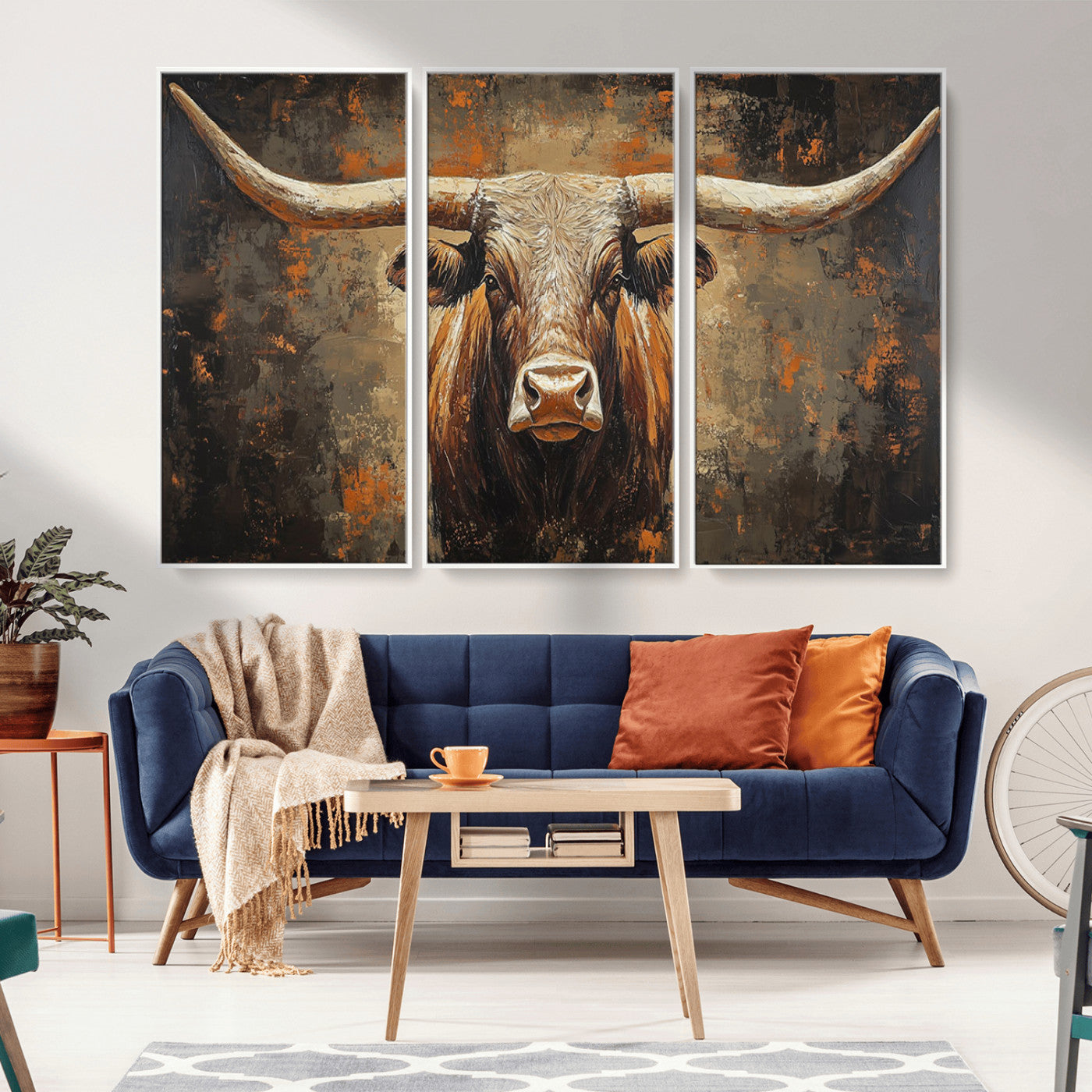 19204445-MGV-CV-36X24-Texas Longhorn Bull Wall Art – Rustic Western Canvas Print, Bold Cowboy Cattle Painting for Ranch House, Farmhouse, Office, or