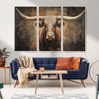 19204445-MGV-CV-36X24-Texas Longhorn Bull Wall Art – Rustic Western Canvas Print, Bold Cowboy Cattle Painting for Ranch House, Farmhouse, Office, or