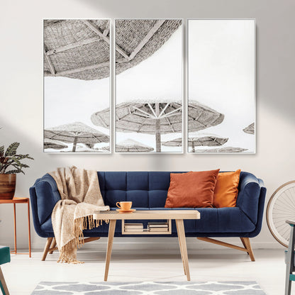 97043123-MGV-CV-36X24-Beach Umbrella Wall Art – Minimalist Coastal Canvas Print, Woven Parasol Summer Decor for Bedroom, Living Room, or Modern Beach