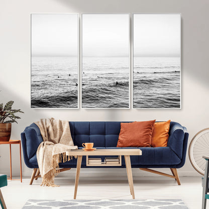 47208268-MGV-CV-36X24-Surfer Ocean Wall Art – Black and White Coastal Canvas Print, Minimalist Surfing Seascape Decor for Living Room, Bedroom, or Beach