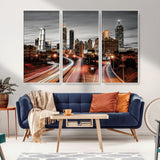 59097239-MGV-CV-36X24-City Skyline Wall Art – Modern Black and White Night Canvas Print with Red Light Trails, Urban Landscape Decor for Living Room or