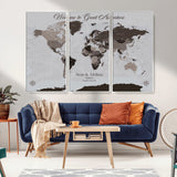 43749658-MGV-CV-36X24-Welcome to Great Adventure World Map Wall Art – Charcoal Gray Canvas Print, Rustic Travel Decor for Living Room, Study, Office or