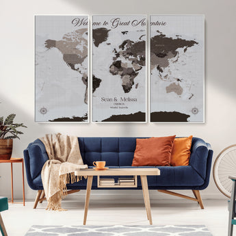 43749658-MGV-CV-36X24-Welcome to Great Adventure World Map Wall Art – Charcoal Gray Canvas Print, Rustic Travel Decor for Living Room, Study, Office or