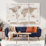63516865-MGV-CV-36X24-Explore Dream Discover World Map Wall Art – Inspirational Travel Adventure Canvas Print, Neutral Parchment Style Explorer Decor