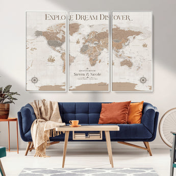63516865-MGV-CV-36X24-Explore Dream Discover World Map Wall Art – Inspirational Travel Adventure Canvas Print, Neutral Parchment Style Explorer Decor