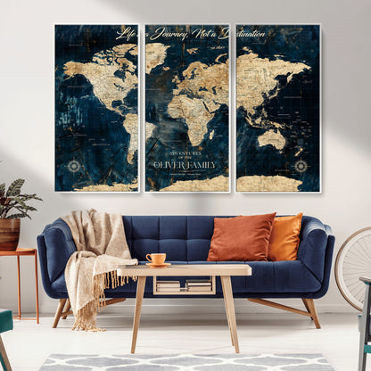 36970886-MGV-CV-36X24-Life is a Journey Not a Destination World Map Rustic Navy Beige Vintage Travel Wall Art Adventure Quote Canvas Print for Home