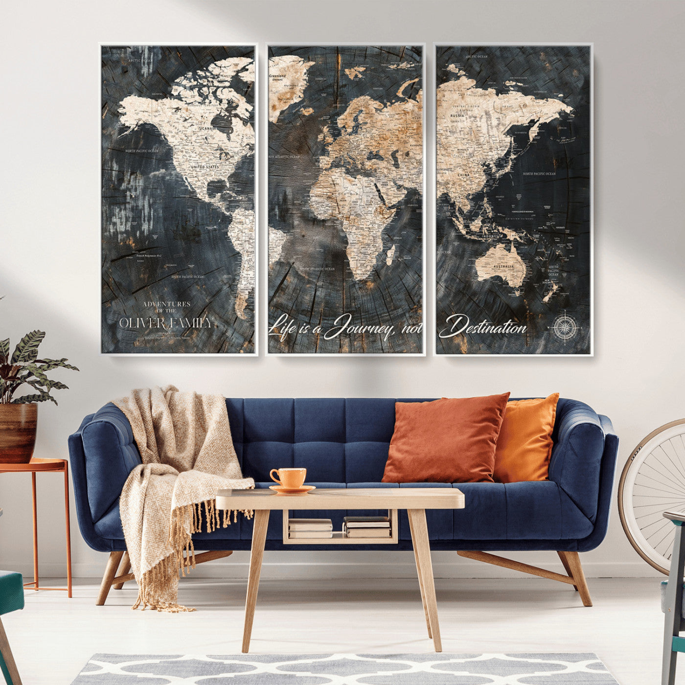 37848568-MGV-CV-36X24-Life is a Journey Not a Destination World Map Rustic Wood Texture Vintage Beige Navy Adventure Wall Art Canvas Print for Home