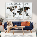 88337180-MGV-CV-36X24-Little by Little One Travels Far Tolkien Quote World Map Rustic Black Brown Adventure Wall Art Canvas Print for Home Office Living
