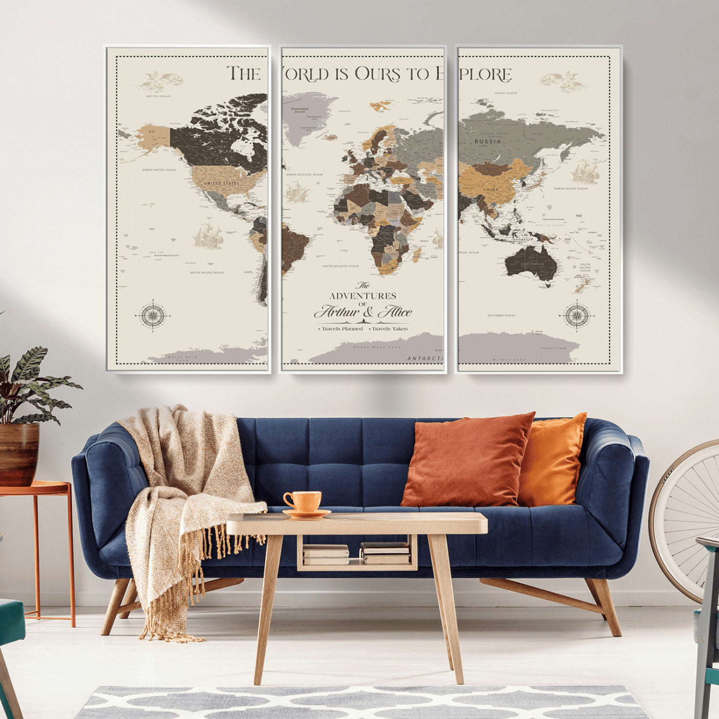 90024882-MGV-CV-36X24-The World is Ours to Explore Wall Art – Earth Tone World Map Canvas Print, Adventure Travel Decor for Living Room, Office or