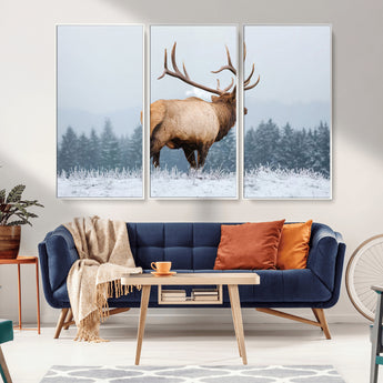 85177251-MGV-CV-36X24-Elk Wall Art – Majestic Wildlife Canvas Print of Bull Elk Snowy Forest, Rustic Nature Decor for Living Room, Cabin, or Office