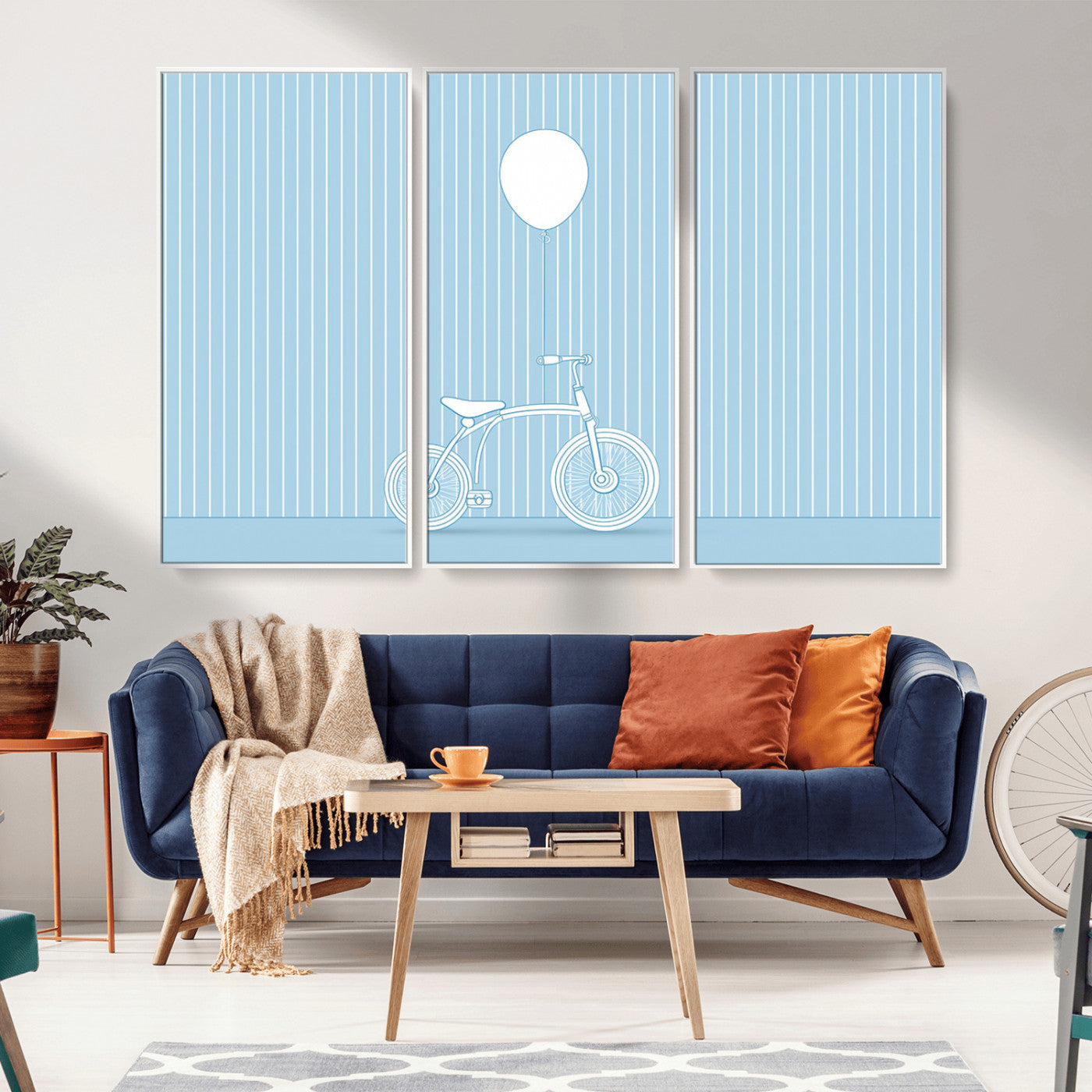 56479838-MGV-CV-36X24-Bicycle Wall Art – Minimalist Blue Canvas Print with Balloon Illustration, Modern Decor Artwork for Kids Room, Nursery, or Living