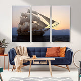 31270610-MGV-CV-36X24-Sailing Ship Wall Art – Sunset Seascape Canvas Print with Tall Ship at Sea, Nautical Ocean Decor for Living Room, Office, or
