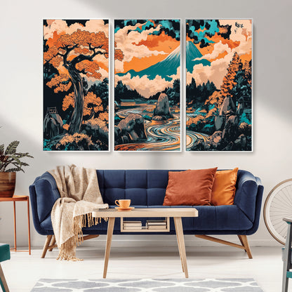 21638941-MGV-CV-36X24-Japanese Landscape Wall Art – Mount Fuji and Flowing River Ukiyo-e Style Canvas Print, Traditional Japan Inspired Artwork for
