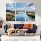 87082041-MGV-CV-36X24-Marshland Landscape Wall Art – Serene Nature Canvas Print with Blue Sky and Reflections, Tranquil Scenic Painting for Living Room,
