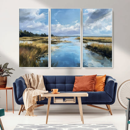 87082041-MGV-CV-36X24-Marshland Landscape Wall Art – Serene Nature Canvas Print with Blue Sky and Reflections, Tranquil Scenic Painting for Living Room,