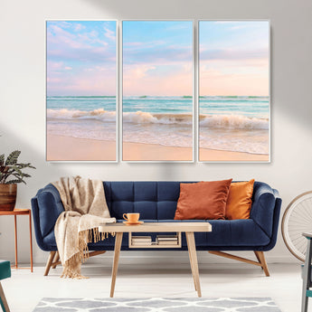 88024944-MGV-CV-36X24-Beach Landscape Wall Art – Coastal Ocean Canvas Print with Gentle Waves and Pastel Sky, Serene Seascape Photography for Living