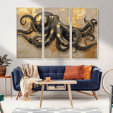 57944271-MGV-CV-36X24-Octopus Wall Art – Black and Gold Nautical Canvas Print, Modern Ocean Inspired Artwork with Elegant Detailing, Coastal Marine