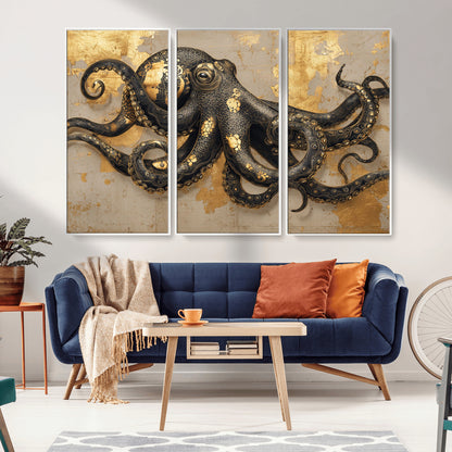 57944271-MGV-CV-36X24-Octopus Wall Art – Black and Gold Nautical Canvas Print, Modern Ocean Inspired Artwork with Elegant Detailing, Coastal Marine