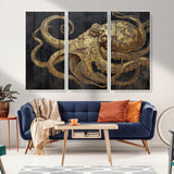 47056538-MGV-FC-48X32-3P_White-Octopus Canvas Wall Art – Gold Detail, Wooden Texture, Marine Life, Ocean Creature Tentacles, Nautical Coastal Rustic Decor for