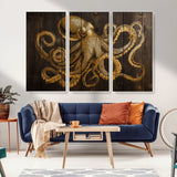 56769669-MGV-CV-36X24-Octopus Wall Art – Gold Nautical Canvas Print with Rustic Wood Panel Design, Detailed Marine Artwork for Coastal Ocean Decoration