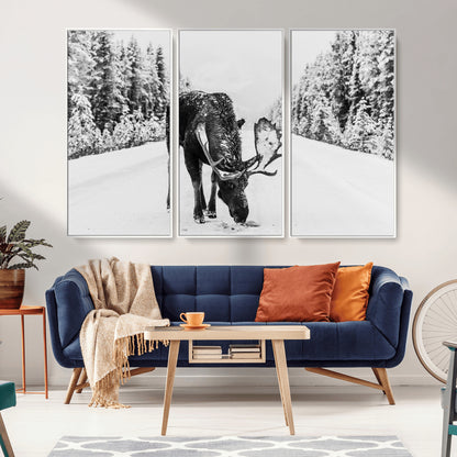 38956835-MGV-FC-48X32-3P_White-Moose Winter Snowy Forest Canvas Wall Art – Wildlife Nature, Antlers in Frozen Landscape, Quiet Path, Cold Season Outdoors Print