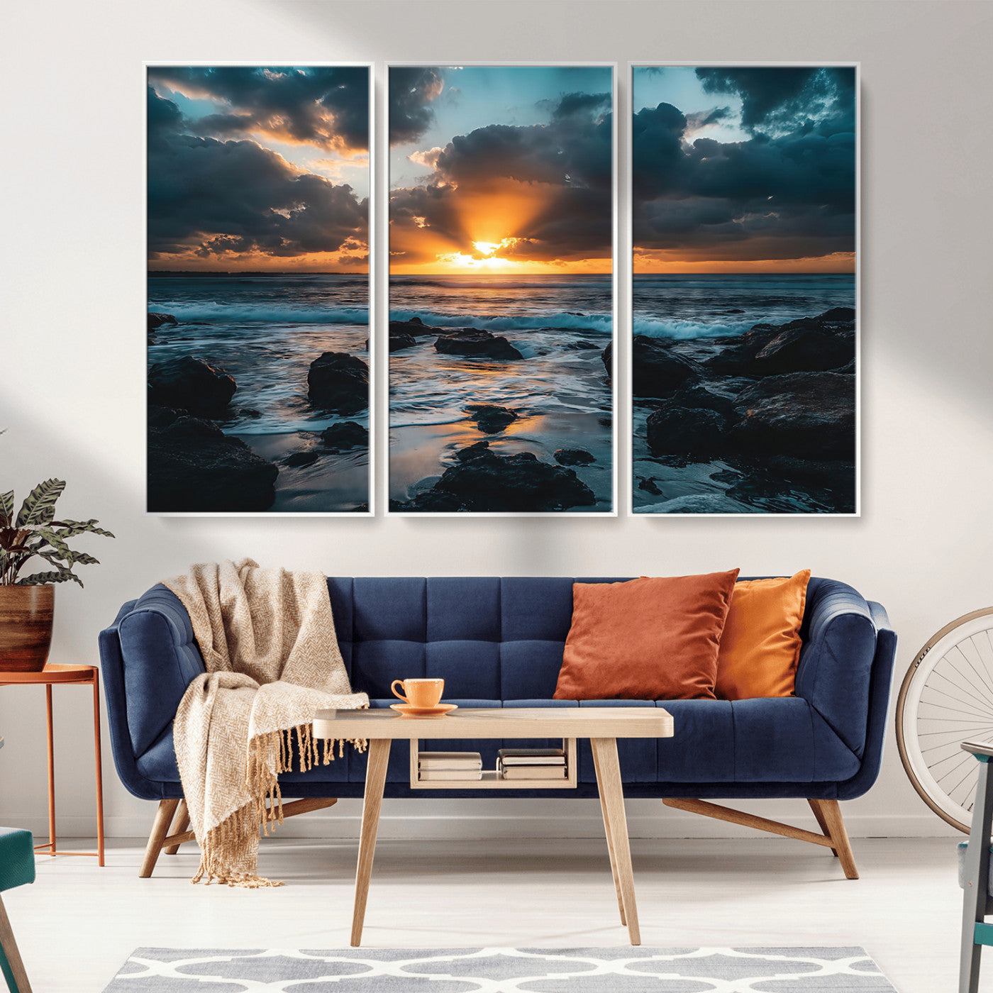 66040852-MGV-FC-48X32-3P_White-Ocean Sunset Canvas Wall Art – Rocky Shore Waves, Dramatic Clouds, Golden Sun Rays, Coastal Nature, Serene Water Reflection for