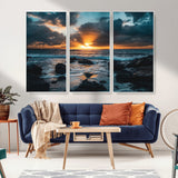66040852-MGV-FC-48X32-3P_White-Ocean Sunset Canvas Wall Art – Rocky Shore Waves, Dramatic Clouds, Golden Sun Rays, Coastal Nature, Serene Water Reflection for