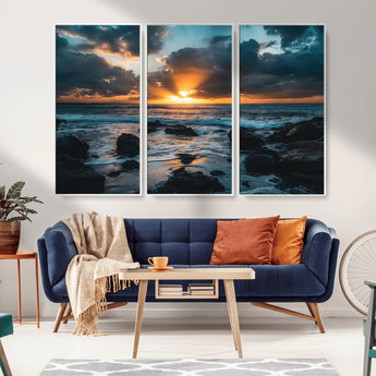 66040852-MGV-FC-48X32-3P_White-Ocean Sunset Canvas Wall Art – Rocky Shore Waves, Dramatic Clouds, Golden Sun Rays, Coastal Nature, Serene Water Reflection for