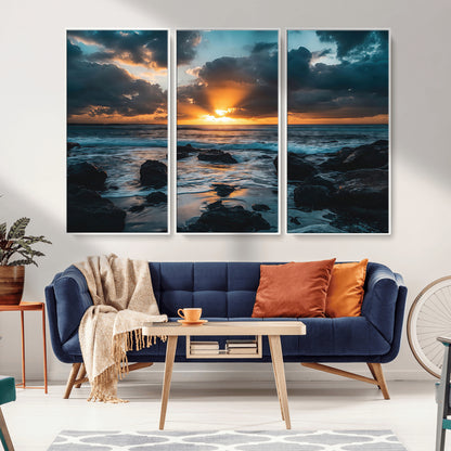 66040852-MGV-FC-48X32-3P_White-Ocean Sunset Canvas Wall Art – Rocky Shore Waves, Dramatic Clouds, Golden Sun Rays, Coastal Nature, Serene Water Reflection for