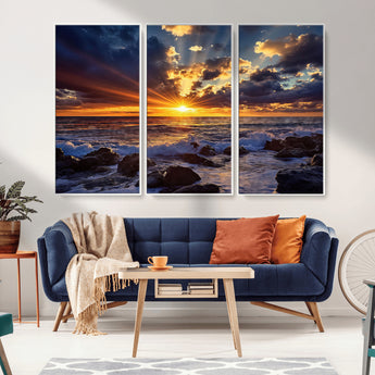 35900590-MGV-FC-48X32-3P_White-Sunset Ocean Waves Canvas Wall Art – Rocky Shore, Dramatic Sky, Golden Sun Rays, Coastal Beauty, Serene Water Motion for Living