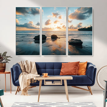 23879436-MGV-FC-48X32-3P_White-Rocky Ocean Sunset Canvas Wall Art – Seaside Dramatic Seascape, Ocean Sunset Art Print for Coastal Modern Decor for Nature