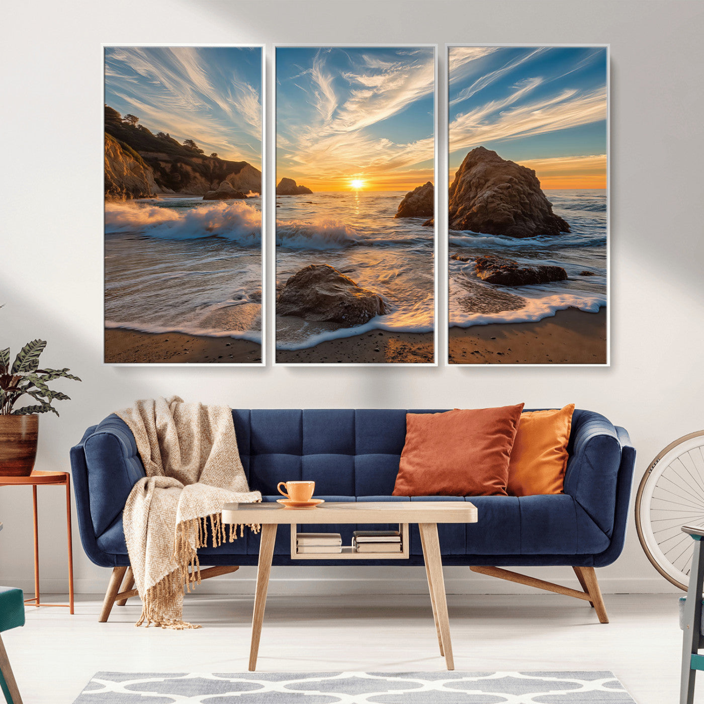 85659923-MGV-CV-36X24-Ocean Sunset Wall Art – Dramatic Seascape Canvas Print with Cliffs, Crashing Waves and Golden Sky, Bold Coastal Photography for