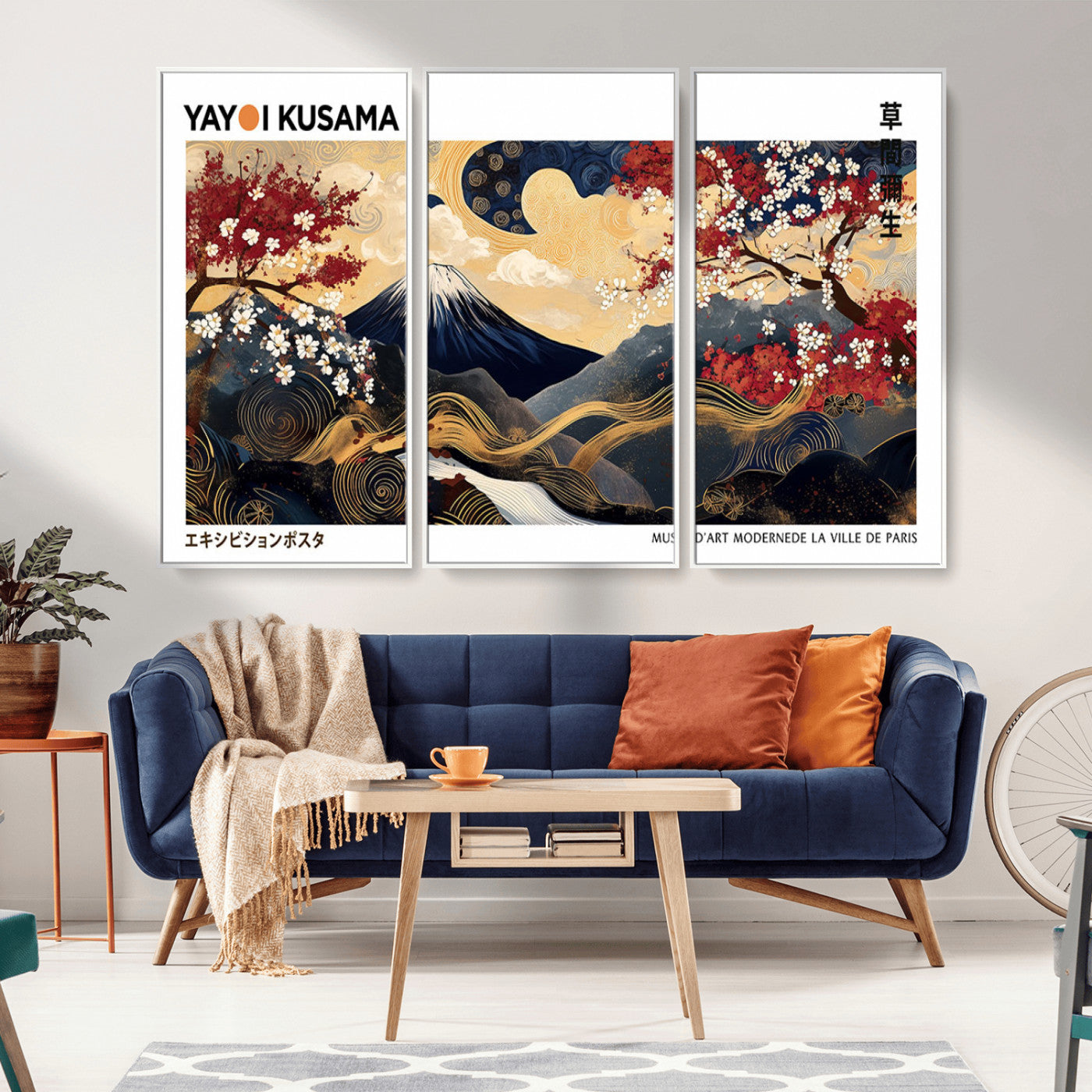 28945903-MGV-FC-48X32-3P_White-Yayoi Kusama Inspired Japanese Art Canvas Print – Framed Floral & Mt. Fuji Wall Decor, Modern Asian Style Canvas for Home, Office,