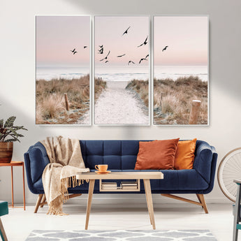 34632598-MGV-CV-36X24-Beach Pathway Wall Art – Coastal Canvas Print with Sandy Trail, Flying Birds and Pastel Sky, Serene Ocean Landscape Photography